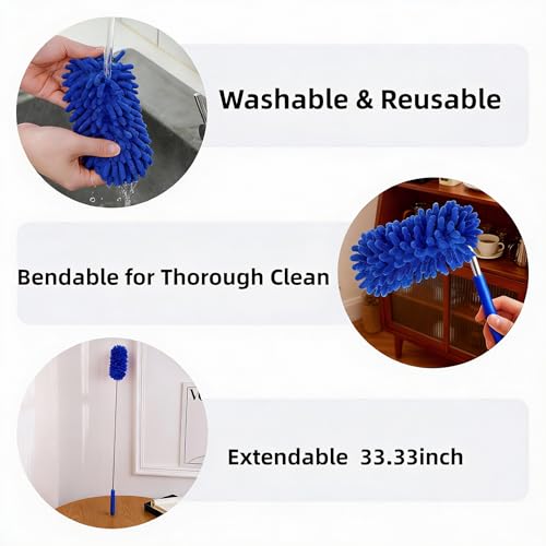 Microfiber Duster for Cleaning, GMLKRY Hand Washable Dusters with 3pcs Replaceable Microfiber Head, Extendable Pole, Detachable Cleaning Supplies for Office, Car, Window, Furniture (Blue) - color: Blue