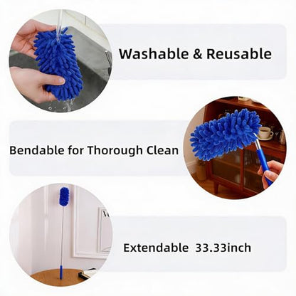 Microfiber Duster for Cleaning, GMLKRY Hand Washable Dusters with 3pcs Replaceable Microfiber Head, Extendable Pole, Detachable Cleaning Supplies for Office, Car, Window, Furniture (Blue) - color: Blue