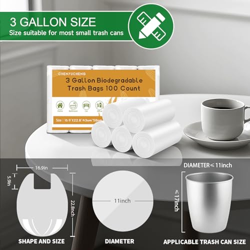 3 Gallon White Trash Bag With-Handles - Small Garbage Bags For Bathroom Can Unscented 100 Count Compostable Biodegradable Mini Tiny Waste Basket Liners For Kitchen Office Car Chenyucheng - style: 3 gallon White 100