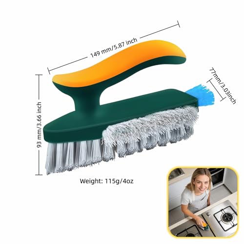 Multifunctional Tile Grout Cleaning Brush with V-Shaped Bristles, 180° Rotating Head, Rubber Wiper Strip, Green and Yellow