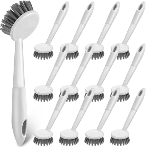 Patelai 12 Pack Kitchen Scrub Dish Brush with Long Handle Dish Scrubber with Stiff Bristles Scrub Brushes for Kitchen Dishes Washing Tools, Pots, Pans and Sink Cleaning (Gray White) - color: Gray White