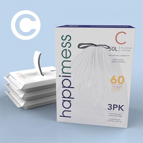 happimess HPM3000C-WHITE 13.2 Gallon Kitchen Drawstring Trash Bags, Trash Can Liner, White, 60-Count, 3-Packs of 20 Liners - color: White, size: 60 Count (Pack of 1)