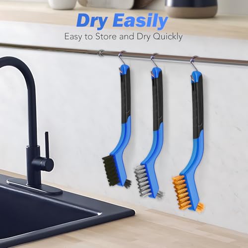 Wire Brush Set, 6 Pcs Stainless Steel/Brass/Nylon Wire Brushes for Cleaning with Curved Handle Grip for Rust Removal, Dirt, Paint Scrubbing(Blue) - style: Blue-6pcs