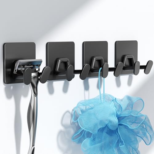 Adhesive Shower Hooks for Inside - Extra Sticky Stainless, Razor Holder Shower Accessories, Wall Mounted Self-Adhesive Double Hooks for Razor, Loofah, Towel, Shaver, Coat, Key, Matt Black, 4-Pack - color: Black, size: 4 Pack