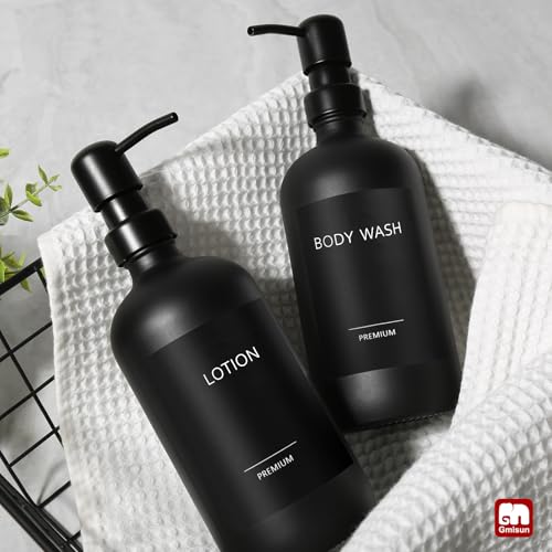 GMISUN Black Soap Dispenser, 2 Pack Matte Black Hand Soap Dispensers Bathroom with Stainless Steel Pump, 17 Fl Oz Glass Dish Soap Dispenser Set for Kitchen, Modern Liquid Soap Bottle with Labels - color: Black Bottle + Black Pump