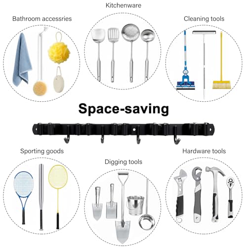 2 Packs 5 Racks and 4 Hooks Mop and Broom Holder Wall Mount, SUS304 Heavy Duty Broom Organizer Storage Tool Racks, Self Adhesive Solid Non-slip Tool Hangers for Home Kitchen Garden Laundry Garage - color: 5 Racks & 4 Hooks (Black) - 2 Pack