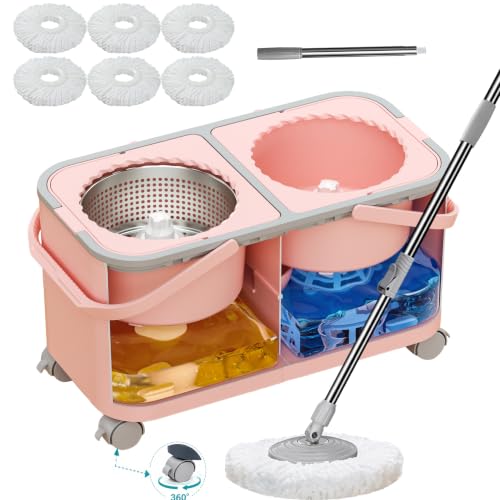Mop and Bucket Set with Clean & Dirty Water Separation, Spin Mop with 360° Wheels & Drain, 6 Microfiber Heads,Adjustable Handle for Pet Owners, Kitchen, Bathroom, Hardwood & Tile Floors - Pink - color: Pink