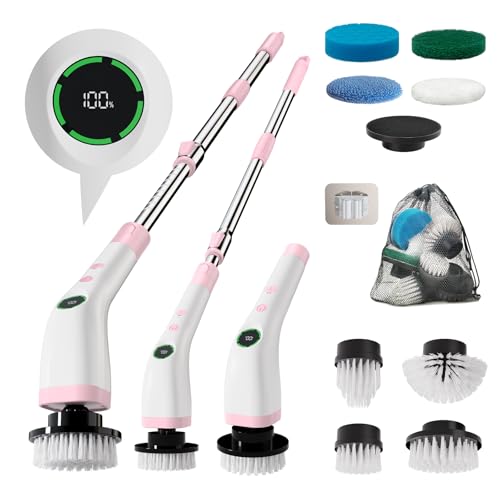 Electric Bathroom Cleaning Brush, Cordless Spin Scrubber Full Body Waterproof IPX7 with Adjustable Handle, 8 Replaceable Brush Heads for Bathtub/Kitchen/Window/Home -SD-CTB01 - color: Pink