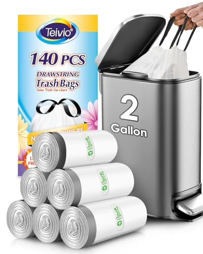 2 Gallon Small 140 Counts Strong Drawstring Trash Bags Garbage Bags by Teivio, Bathroom Trash Can Bin Liners, Plastic Bags for home office kitchen, White - style: 140-2 Gallon-White
