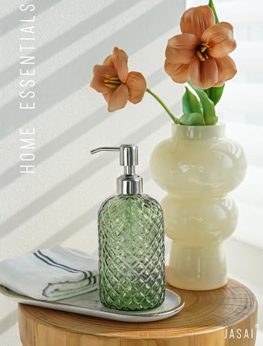 JASAI 18Oz Tea Green Soap Dispenser with Rust Proof Pump, Refillable Glass Soap Dispenser for Bathroom & Kitchen to Dispense Dish Soap, Hand soap, Lotion. - color: Green