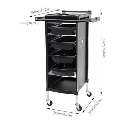 Salon Trolley Cart with Wheels, 6-Tier Beauty S-alon Cart with 4 Drawers, Space-Saving Rolling Salon Versatile Utility Cart, Open Top Floor, 110.23lbs Load-Bearing, Retractable Trays (Black) - color: Black