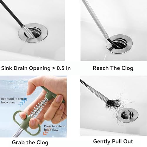 2-in-1 Drain Cleaning Tool Kit, 35" Flexible Plumbing Snake Grabber Tool with Strong 4-Claw & Drain Weasel Hair Remover