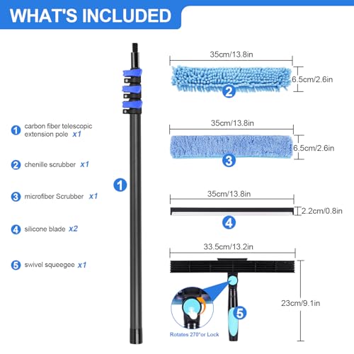 DOBEN 12-Foot Carbon Fiber Window Cleaner Tool with Telescopic Extension Pole, Rotating Scrubber & Squeegee - Sturdy Lightweight Design for Indoor/Outdoor Glass Cleaning - size: 12FT