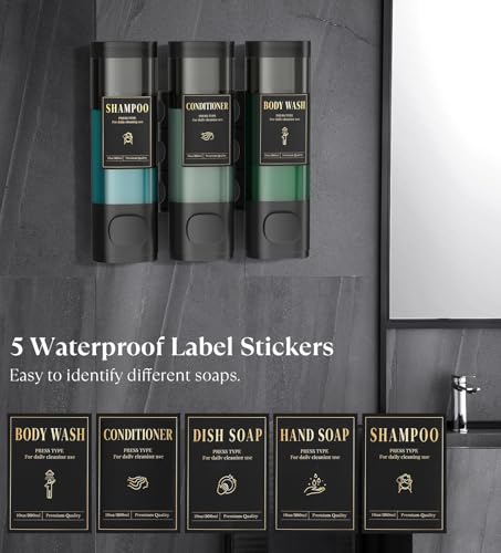 Luxspire Shampoo and Conditioner Dispenser, No Drill Wall Mounted Shower Soap Dispenser 3 Chamber with Waterproof Labels, Easy Refill Soap Dispenser for Bathroom Hotel Kitchen, Black - color: Black, size: 3 Chamber
