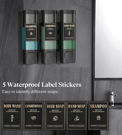 Luxspire Shampoo and Conditioner Dispenser, No Drill Wall Mounted Shower Soap Dispenser 3 Chamber with Waterproof Labels, Easy Refill Soap Dispenser for Bathroom Hotel Kitchen, Black - color: Black, size: 3 Chamber