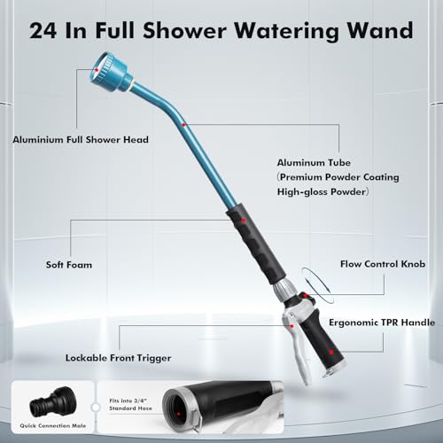 RESTMO Heavy Duty Full Metal Long Watering Wand, 24 Inches Gentle Soft Full Shower Sprayer Wand with Flow Control, Hose Wand for Hanging Baskets, Shrubs, Plants, Flowers, Garden and Lawn, Blue - color: Blue