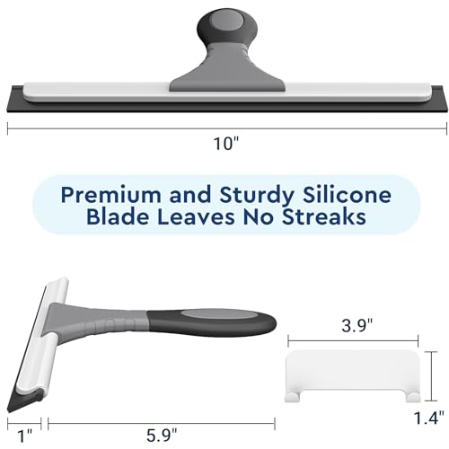 All-Purpose Silicone Shower Squeegee for Glass, Window, Door, Mirror, Car Windshield & Tile Wall, Portable Cleaner Tools, Includes One Hook & One Adhesive,10 Inches (Gray)