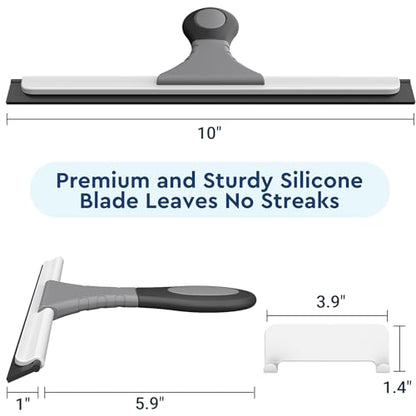 All-Purpose Silicone Shower Squeegee for Glass, Window, Door, Mirror, Car Windshield & Tile Wall, Portable Cleaner Tools, Includes One Hook & One Adhesive,10 Inches (Gray)