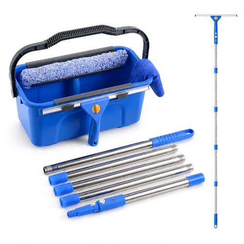 UFORU Professional Window Cleaning Kit with Bucket, 3 Gallon Set with 14" Window Squeegee, 15" Microfiber Scrubber and 76" Long Handle for High Window, Home, Outdoor, Commercial and Car Glass Cleaning