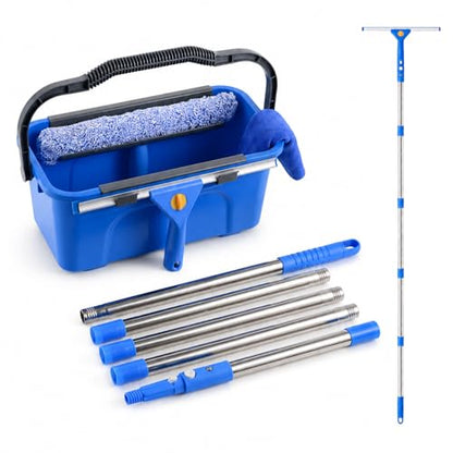 UFORU Professional Window Cleaning Kit with Bucket, 3 Gallon Set with 14" Window Squeegee, 15" Microfiber Scrubber and 76" Long Handle for High Window, Home, Outdoor, Commercial and Car Glass Cleaning