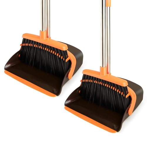 2-Pack Broom and Dustpan Set with Long Handle, Heavy Dust Broom and Dustpan Combo for Home，Kitchen, Office, Pet Hair (Brown Orange) - color: Brown Orange 2-pack