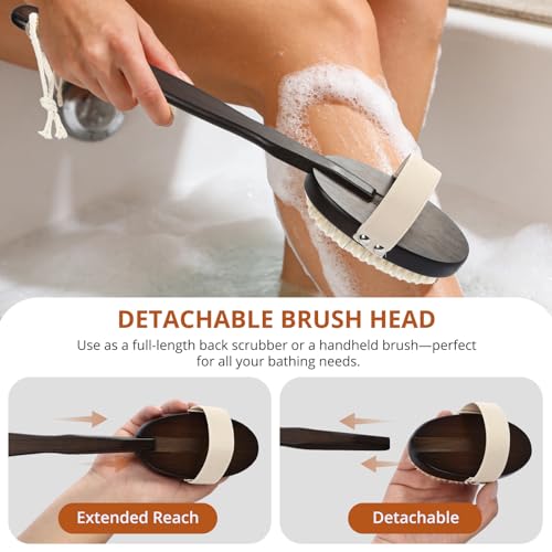 Dry & Wet Brushing Body Brush, Natural Boar Bristle Back Scrubber for Shower with Detachable Handle, Exfoliating Brush for Lymphatic Drainage, Improved Circulation & Smooth Skin - color: Dark Brown