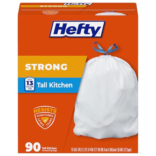Hefty Strong 13 Gallon Trash Bags, Tall Kitchen, Drawstrings, Durable Closure, Resists Leaks, Punctures, Tears, White, Unscented, 90 Count - size: 1 Count (Pack of 1)