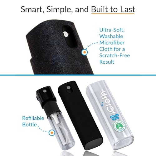 iCloth 2-in-1 Screen Cleaner Spray with Built-in Microfiber Cloth for Laptops, Tablets, Phones, Car Screens, and Touchscreens, Streak-Free & Anti-Smudge, Large 0.68 fl oz (20ml) Bottle