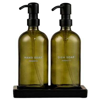 Maisonovo Kitchen Soap Dispenser Set - Hand and Dish Soap Dispenser Set with Green Glass Soap Dispenser, Black Pumps & Ceramic Tray - color: Green Bottles/ Black Pumps/ Black Ceramic Tray
