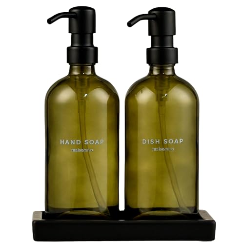 Maisonovo Kitchen Soap Dispenser Set - Hand and Dish Soap Dispenser Set with Green Glass Soap Dispenser, Black Pumps & Ceramic Tray - color: Green Bottles/ Black Pumps/ Black Ceramic Tray