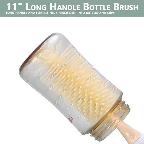 Baby Bottle Brush Set 3-in-1, Silicone Brush with Wall Mount Holder, 11" Long Handle + Nipple Brush + Straw Cleaner for Cups & Straws – BPA Free (Green) - color: Green