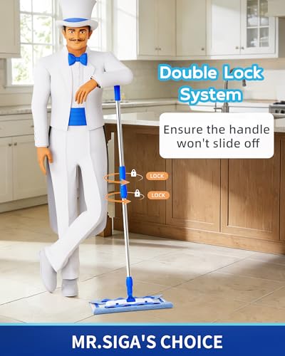 MR.SIGA Professional Microfiber Mop for Hardwood, Laminate, Tile Floor Cleaning, Stainless Steel Telescopic Handle - 3 Reusable Flat Mop Refills and 1 Dirt Removal Scrubber Included - color: Blue