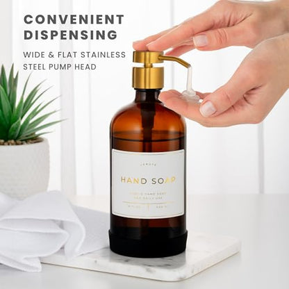 Hand and Dish Soap Dispenser for Kitchen and Bathroom, Set of 2 16 Oz Glass Bottles, Stainless Steel Pumps, Non-Slip Silicone Base, 27 Waterproof Labels (Amber Bottle/Brushed Gold Pump) - color: Amber Bottle / Brushed Gold Pump
