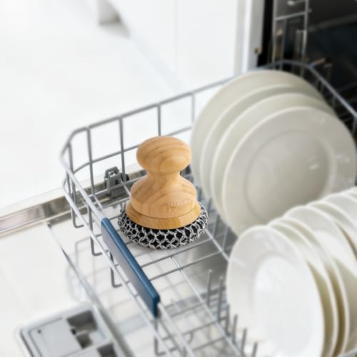 Cast Iron Scrubber and Scraper,Chain Mail Cleaner with Bamboo Handle & Draining Tray,316 Stainless Steel Brush for Cleaning Pots,Pans,Wok,Bakeware,Griddles, Grills,Dishes (Large Chain Mail) - size: Large chain ring