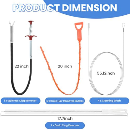Aifeier ET Drain Clog Removal Tool Set, Includes 6 Plastic + 1 Stainless Hair Remover + 4 Tube Drain Brush + 4 Auger Cleaning Sticks for Toilet, Kitchen Sink, Bathroom Tub, Sewer（15-Pack）