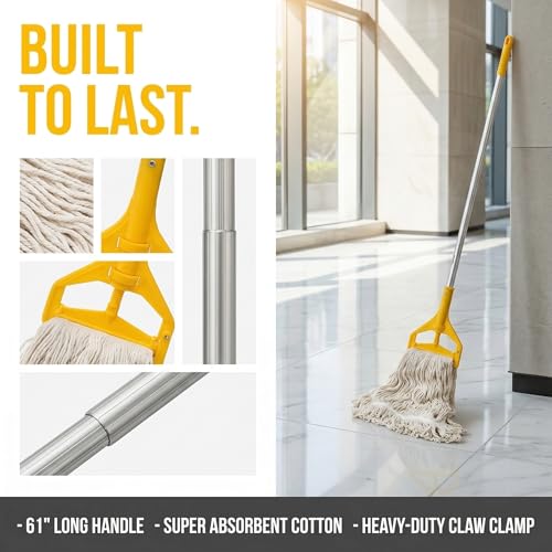 Yesland Commercial Mop with 2 Mop Heads, Industrial Cotton Mops with 61inch Long Handle, Heavy Duty Looped-End String Wet Mops for Cleaning Office Garage Hardwood Warehouse Factory Mall Deck