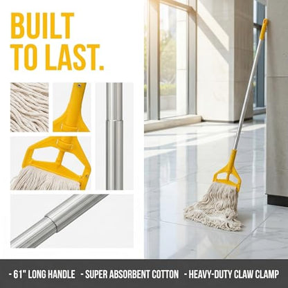 Yesland Commercial Mop with 2 Mop Heads, Industrial Cotton Mops with 61inch Long Handle, Heavy Duty Looped-End String Wet Mops for Cleaning Office Garage Hardwood Warehouse Factory Mall Deck