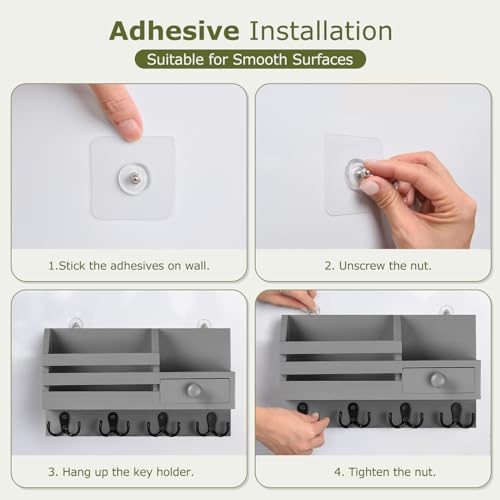 Key Holder Wall Mount, Wooden Adhesive Mail and Key Organizer with Drawer, Small Shelf, 8 Hooks, 2 Installation Methods, Gray - color: Gray