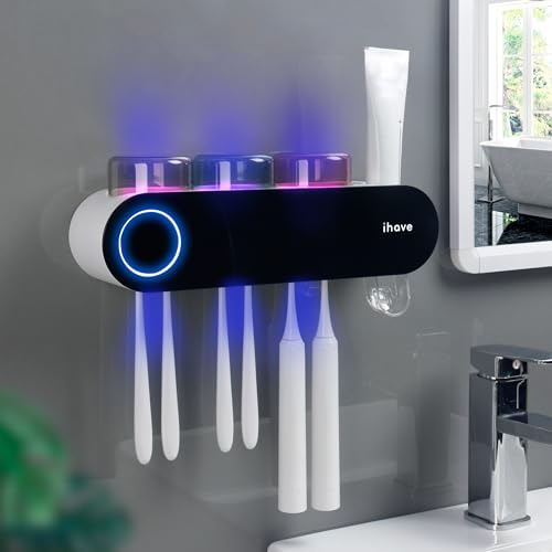 iHave Wall Mounted Electric Toothbrush Holders with 3 Cups, UV Sanitizer, Toothpaste Dispenser, Smart Home Bathroom Accessories & Decor, Black - color: Uv Black 3 Cups