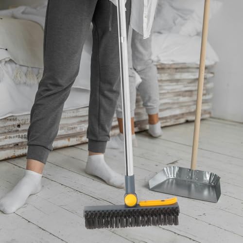 TIDTALEO Bathroom Floor Scrubber Brush with Long Handle, Dual-Function Hard Bristle Scrub and Stainless Steel Squeegee, Blue-Yellow Upgrade for Shower and Tile Cleaning