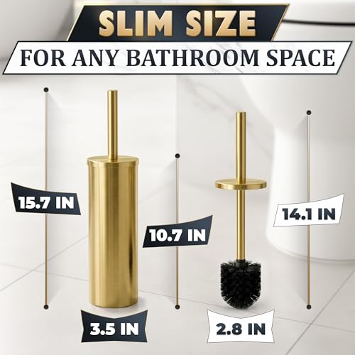 2 PCS Gold Toilet Brush and Holder Set - Brushed Stainless Steel Gold Toilet Bowl Brush and Holder with Replacable Head, Removable Inner Bowl, and Splash Protection - Dense Bristles for Cleaning - color: Gold 2 Pcs