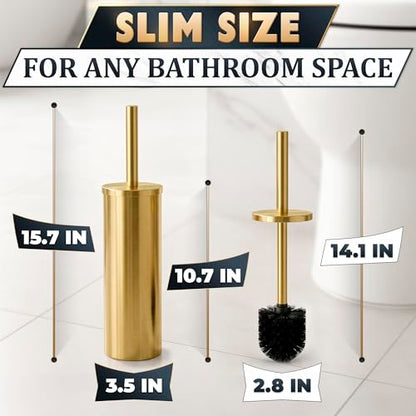 Gold Toilet Brush and Holder Set - Brushed Stainless Steel Gold Toilet Bowl Brush and Holder with Replaceable Head, Removable Inner Bowl, and Splash Protection - Dense Bristles for Thorough Cleaning - color: Gold