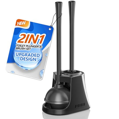 LOVLOY Toilet Plunger and Brush with Holder, Bowl Brush and Heavy Duty Toilet Plunger Set with Ventilated Holder, 2-in-1 Toilet Brush and Plunger Combo for 5.3-inch Toilet Drain New Pack (Black, 1) - color: Black