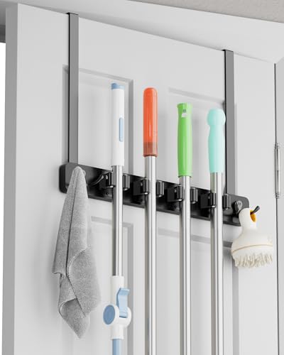 BS-VOG Over the Door Broom Holder, Mop and Broom Holder Door Mount, Hanging Organizer with 4 Racks & 2 Hooks, Wooden Hanger Storage Decor, Laundry Tool Organizer for Closet Garage, No Drills - color: Black