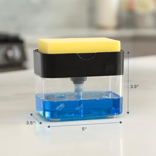 S&T INC. Dish Soap Dispenser and Sponge Holder for Kitchen Sink with Enhanced Features, Sponge Included, 13 Ounces, Matte Black - color: Matte Black