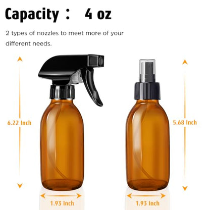 Tecohouse Glass Spray Bottles 4 OZ, Amber Empty Spray Bottle for Essential Oils, Small Glass Bottles for Cleaning Solutions, Plants, with Durable Nozzle, Labels, Funnel, Pipettes - color: Amber