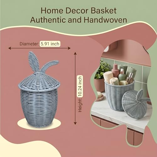 Plastic Rattan Basket with Lid,Waterproof Toilet Paper Storage Basket,Makeup Baskets Decor for Bathroom,Boho Decorative Organizer for Shelf,Living Room,Table,Bedside,Pet Room Container