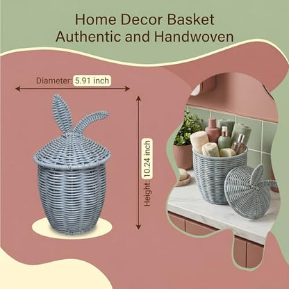 Plastic Rattan Basket with Lid,Waterproof Toilet Paper Storage Basket,Makeup Baskets Decor for Bathroom,Boho Decorative Organizer for Shelf,Living Room,Table,Bedside,Pet Room Container