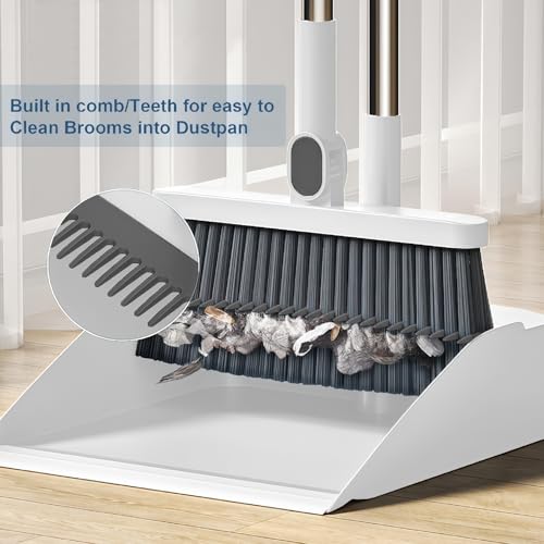 Broom and Dustpan Set, Long Handle Standing Broom with Self-Cleaning Comb Teeth, Heavy Duty Broom Dustpan Combo for Home Kitchen Office Floor Pet Hair Cleaning (White) - color: White