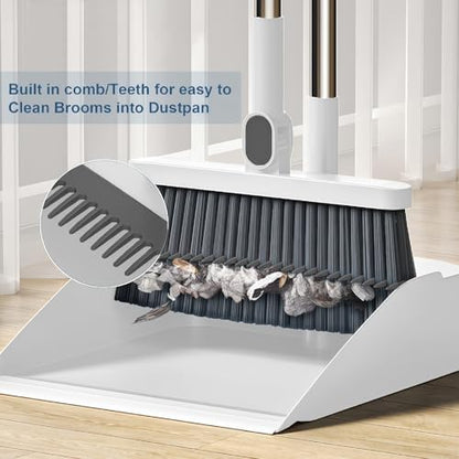 Broom and Dustpan Set, Long Handle Standing Broom with Self-Cleaning Comb Teeth, Heavy Duty Broom Dustpan Combo for Home Kitchen Office Floor Pet Hair Cleaning (White) - color: White